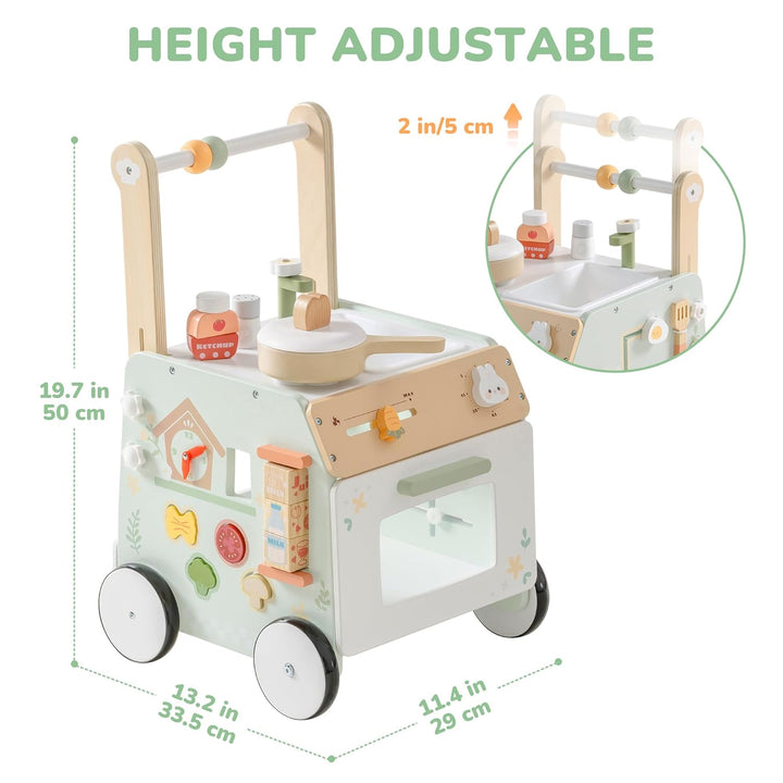 ROBUD Baby Walker Holz für Kleinkinder, Verstellbarer Schiebewagen mit Activity-Center, Grossem Stau