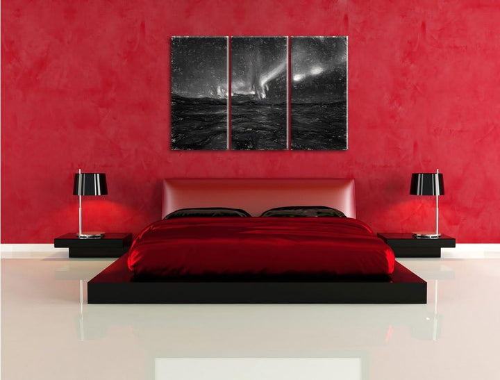 Pixxprint Polarlicht am Himmel Kunst Kohle Effekt 3-Teiler Leinwandbild 120x80 Bild auf Leinwand