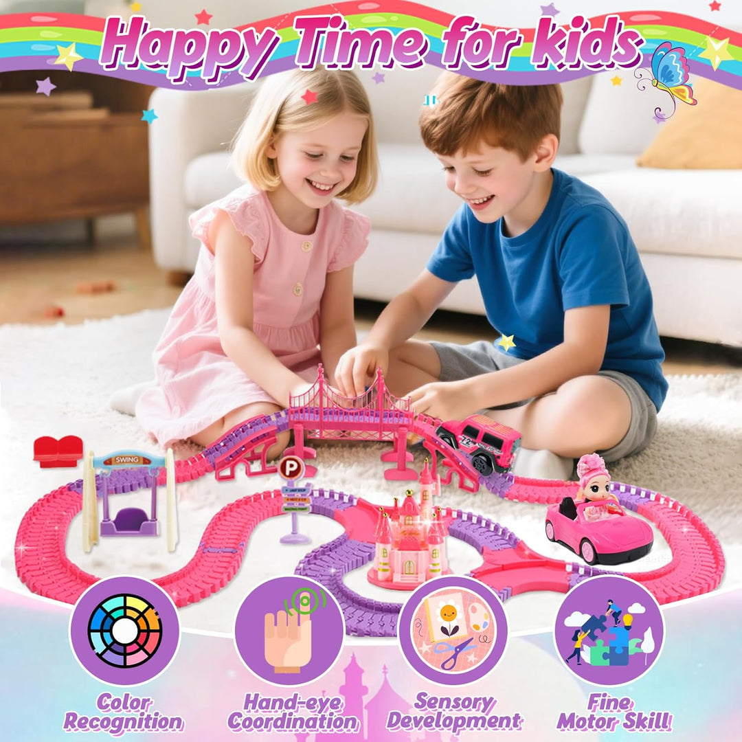 ROCKY&CHAO Autorennbahn Rennbahn Kinderspielzeug 248 Stück mit Puppe, Flexible Track Spiele Spielzeu