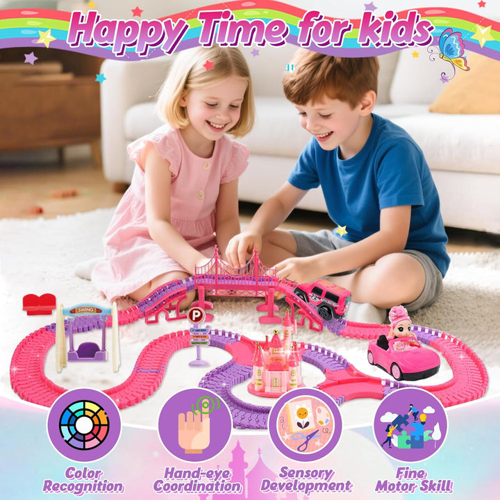 ROCKY&CHAO Autorennbahn Rennbahn Kinderspielzeug 248 Stück mit Puppe, Flexible Track Spiele Spielzeu