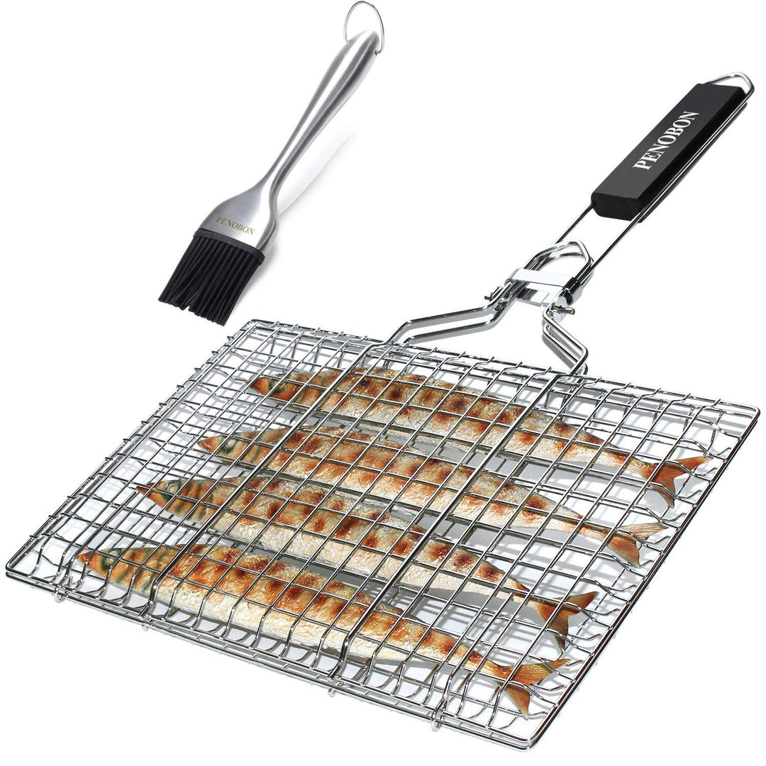 penobon Fisch-Grillkorb, faltbar, tragbarer Edelstahl-Grillkorb für Fischgemüse, Garnelen mit abnehm