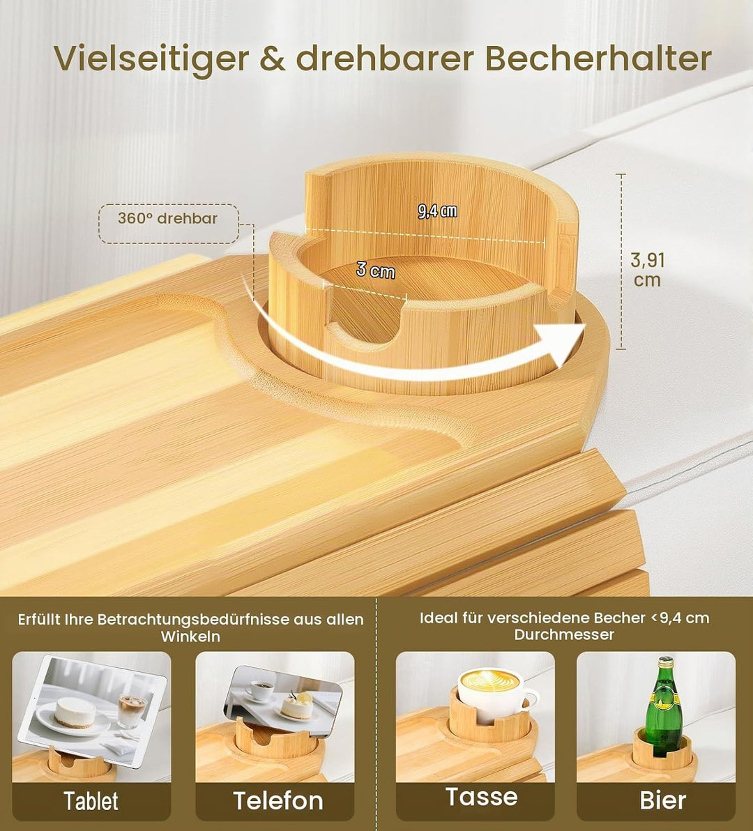 Kssiaz Couch Armlehne Tablett, Bambus Sofatablett Tisch für Couch, Armlehnenablage für Sofa mit Getr