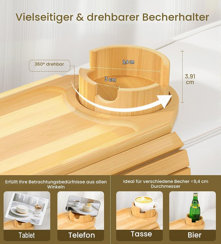 Kssiaz Couch Armlehne Tablett, Bambus Sofatablett Tisch für Couch, Armlehnenablage für Sofa mit Getr