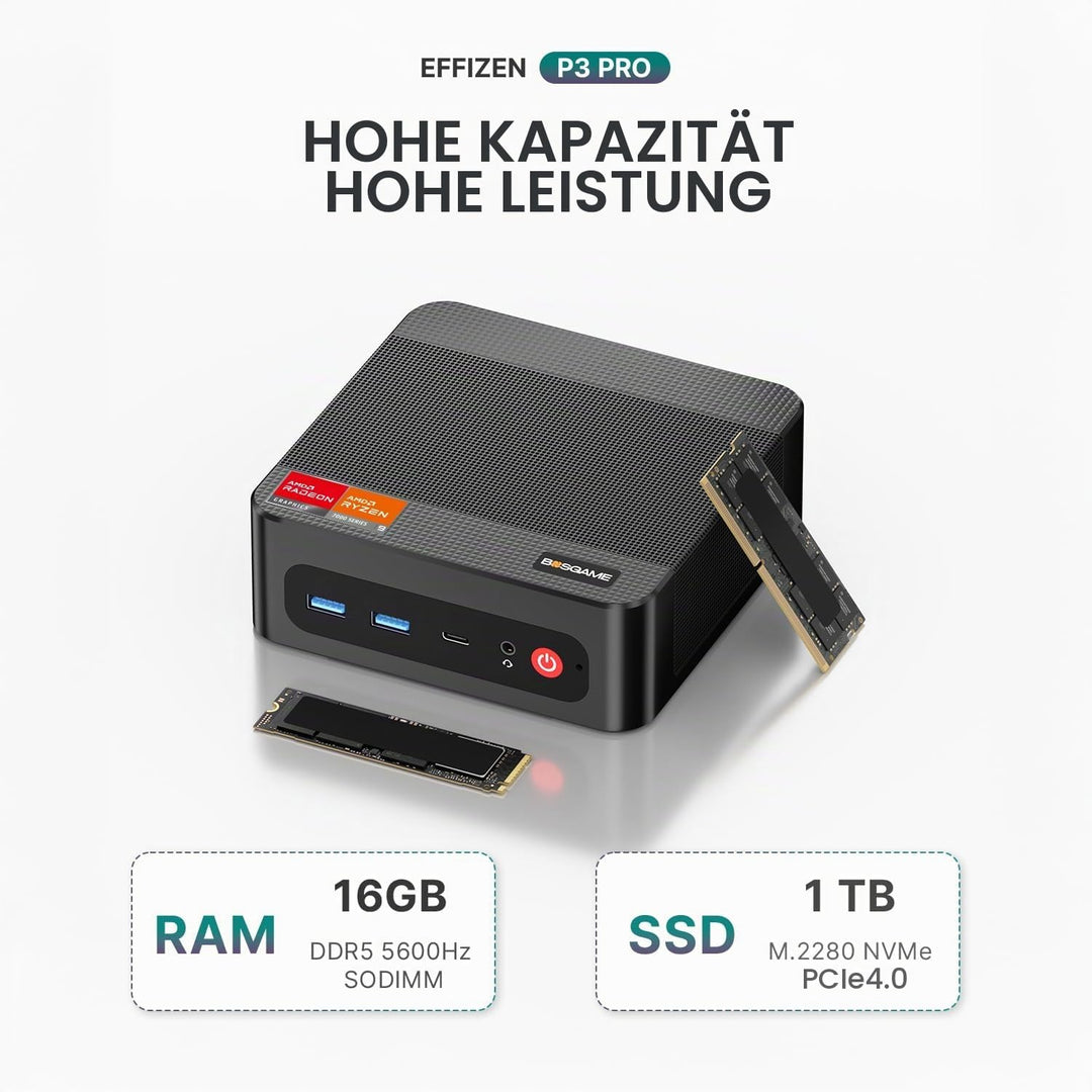 BOSGAME P3 Pro Mini-Gaming-PC AMD Ryzen 9 7940HS, Radeon 780M | 8C/16T bis 5,2 GHz, 16GB DDR5 RAM, 1