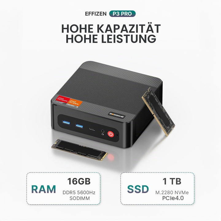 BOSGAME P3 Pro Mini-Gaming-PC AMD Ryzen 9 7940HS, Radeon 780M | 8C/16T bis 5,2 GHz, 16GB DDR5 RAM, 1