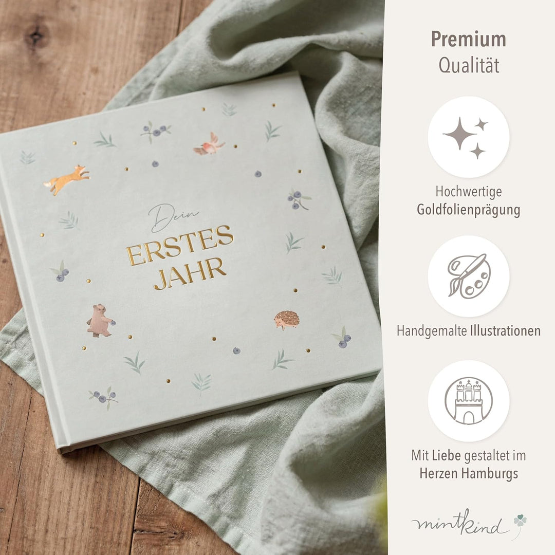 mintkind® Mein erstes Jahr Babyalbum Pattern Salbei – sanftes Babytagebuch mit 176 Seiten und Sticke