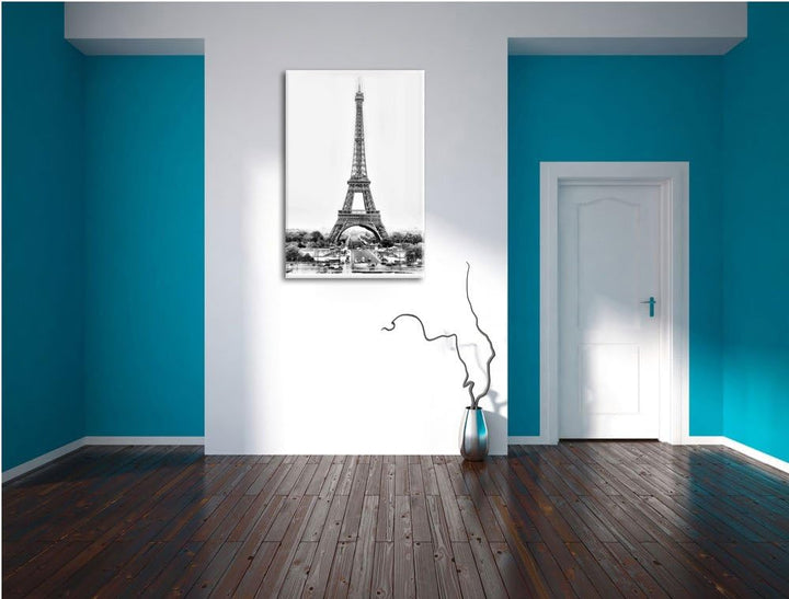 Pixxprint gigantischer Eifelturm / 100x70cm Leinwandbild bespannt auf Holzrahmen/Wandbild Kunstdruck