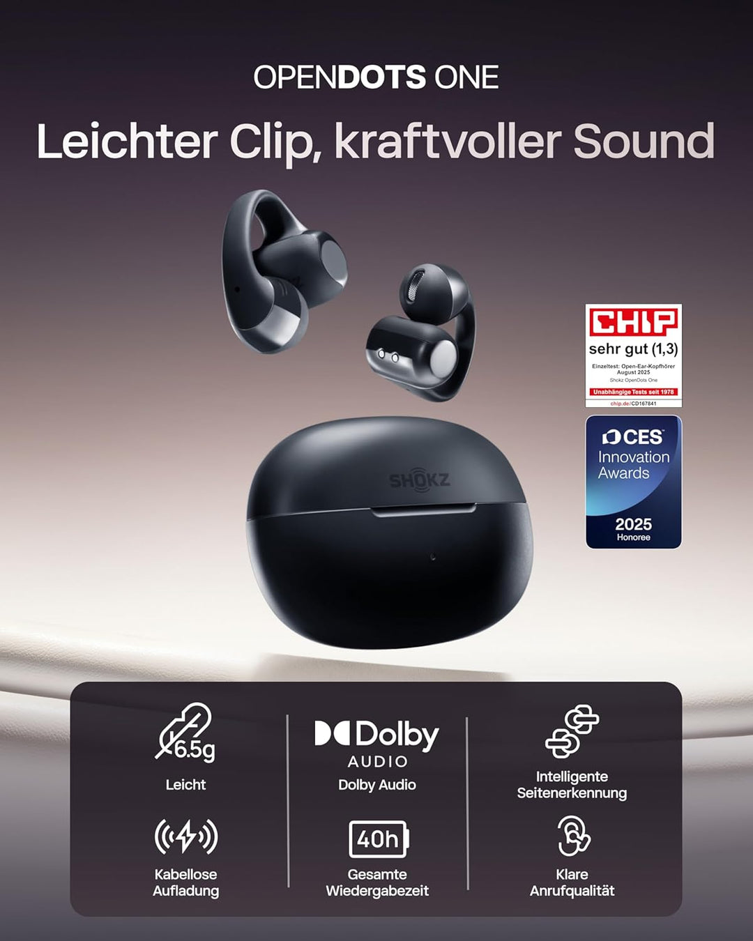SHOKZ OpenDots ONE Open Ear Kopfhörer, Premium Dolby Audio, Clip On Earbuds mit Mikrofon, Bluetooth
