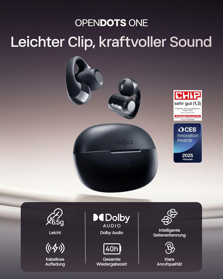 SHOKZ OpenDots ONE Open Ear Kopfhörer, Premium Dolby Audio, Clip On Earbuds mit Mikrofon, Bluetooth