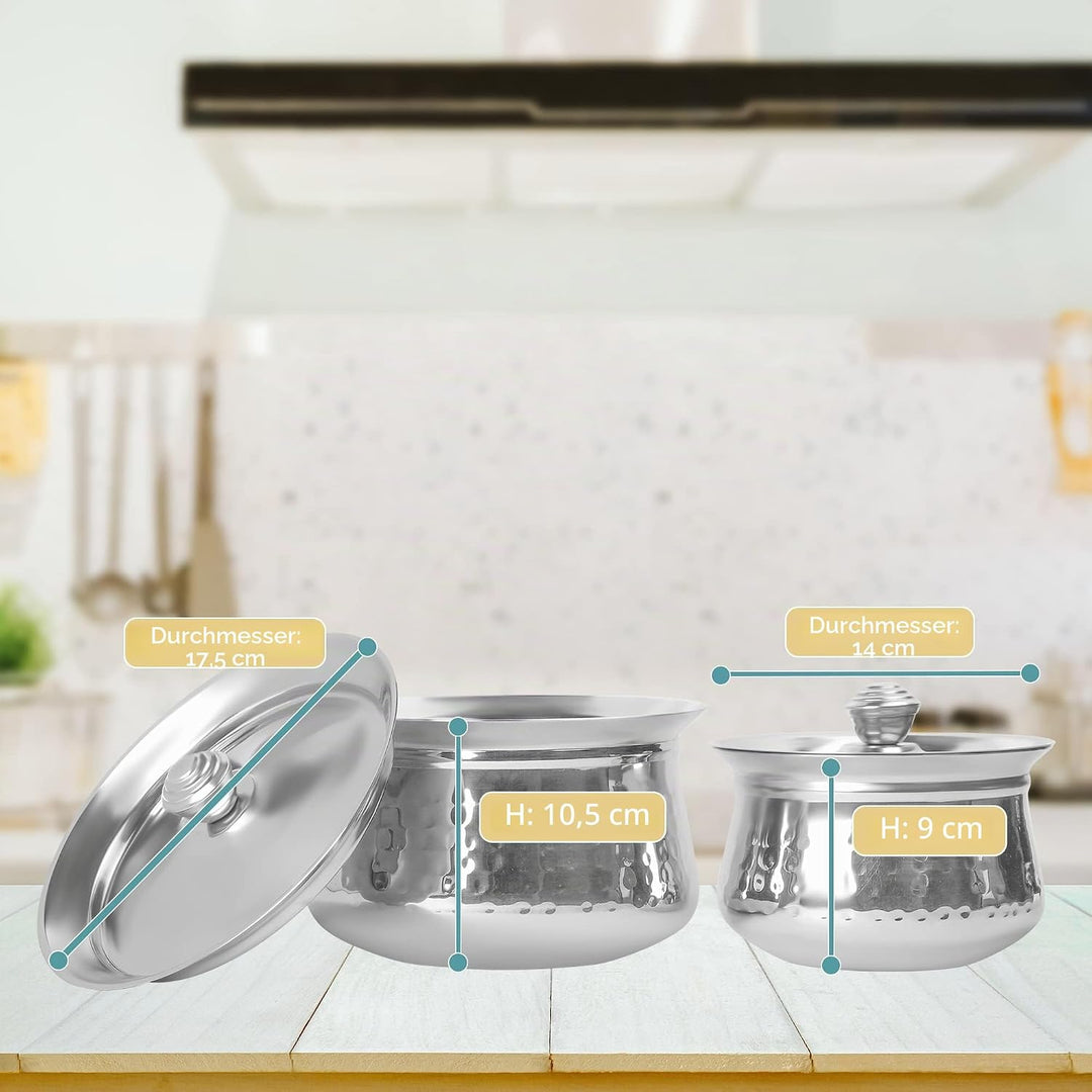 KSJONE Biryani Handi Set aus Edelstahl,Premium Stahl gehämmerte Oberfläche, Patila Handi,mit gehämme
