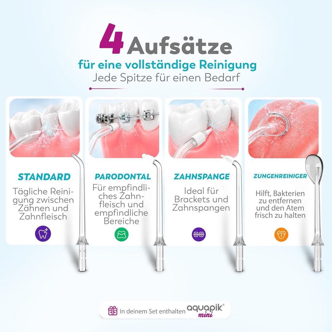 Aquapik® Mini tragbare, wiederaufladbare Munddusche Oral Irrigator 200 ml mit Teleskoptank, USB-C, 3