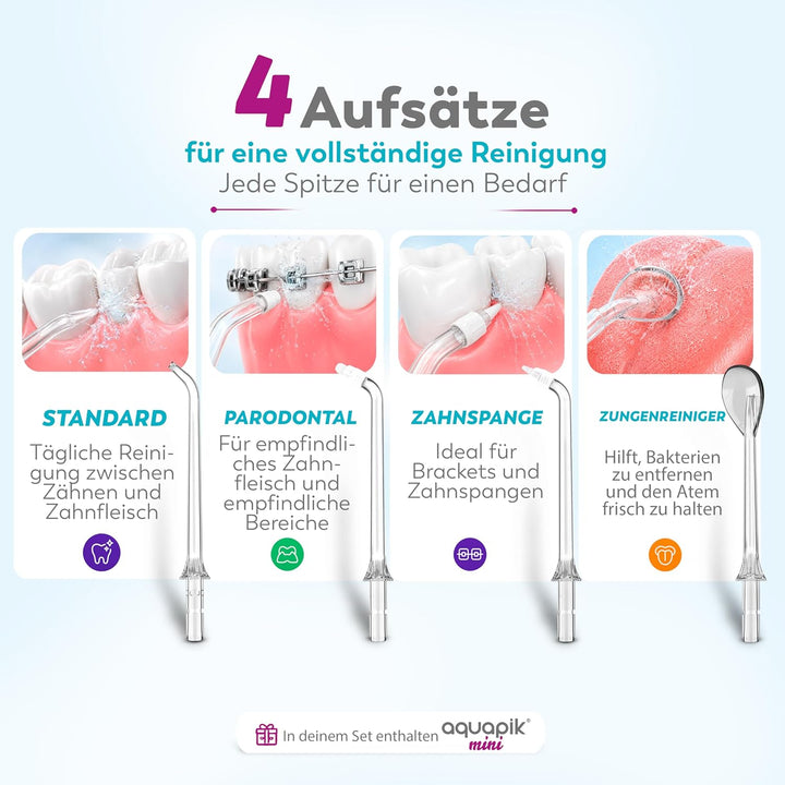 Aquapik® Mini tragbare, wiederaufladbare Munddusche Oral Irrigator 200 ml mit Teleskoptank, USB-C, 3