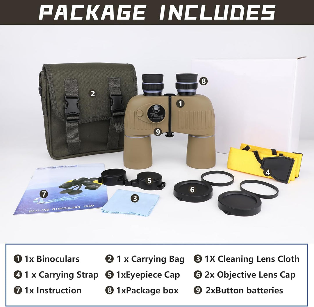 10x50 Marine Fernglas,Fernglas mit Nachtsicht Entfernungsmesser und Kompass, für Wassersport-Enthusi