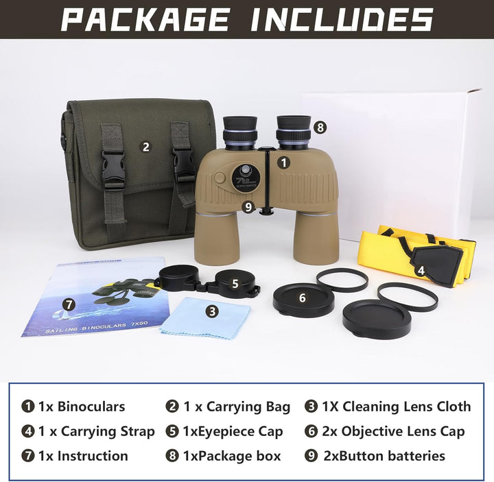 10x50 Marine Fernglas,Fernglas mit Nachtsicht Entfernungsmesser und Kompass, für Wassersport-Enthusi