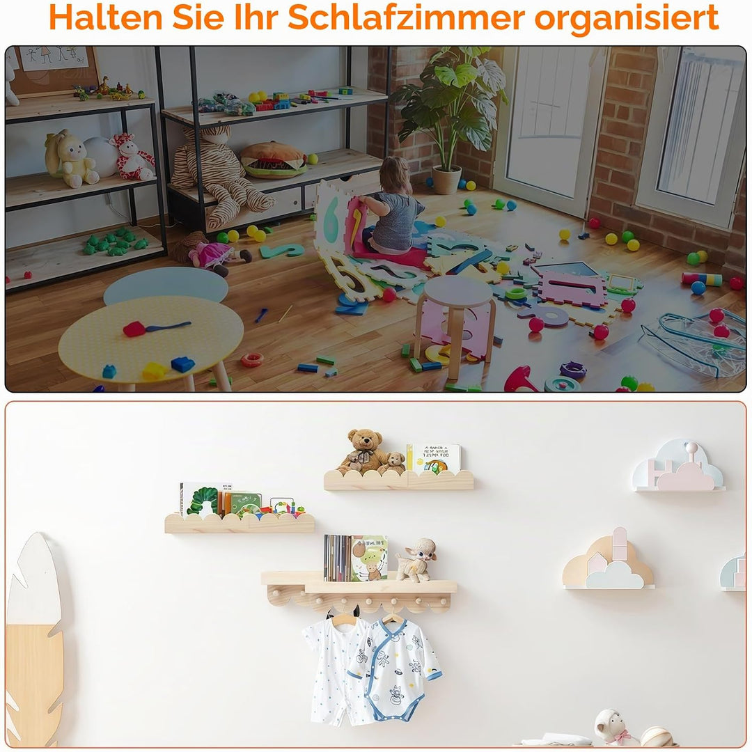 Wandregal Holz Kinderzimmer, 3PCS Bücherregal Kinder Wand mit Holzhaken,Schweberegal ideal für Büche