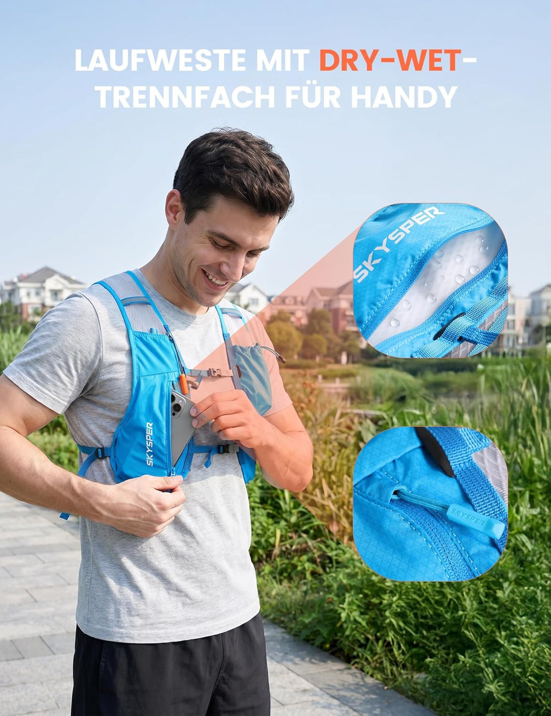 SKYSPER Laufweste für Damen Herren 12L Laufrucksack mit 500ml Trinkflasche Reflektierende Trinkweste