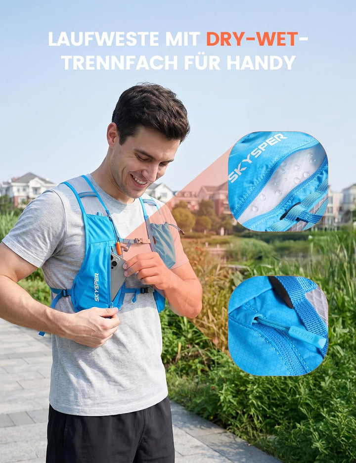 SKYSPER Laufweste für Damen Herren 12L Laufrucksack mit 500ml Trinkflasche Reflektierende Trinkweste