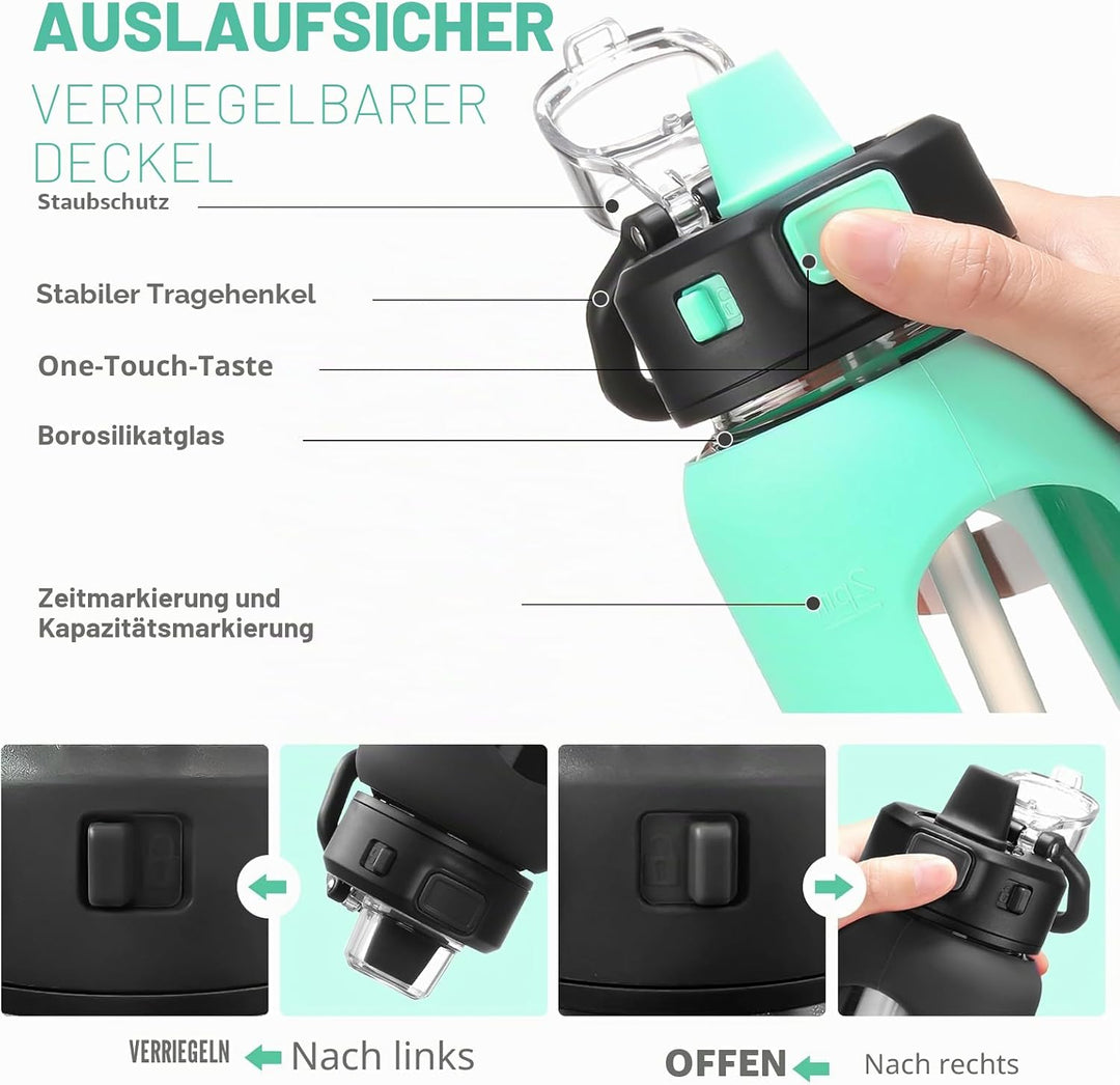 BLUEGO 700ml Trinkflasche Glas mit Strohhalm und Griff Auslaufsichere Wasserflasche mit Silikonhülle