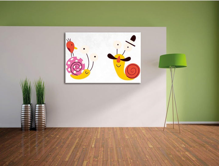 Pixxprint lustige Schnecken mit Vogel als Leinwandbild/Grösse: 100x70 cm/Wandbild/Kunstdruck/fertig