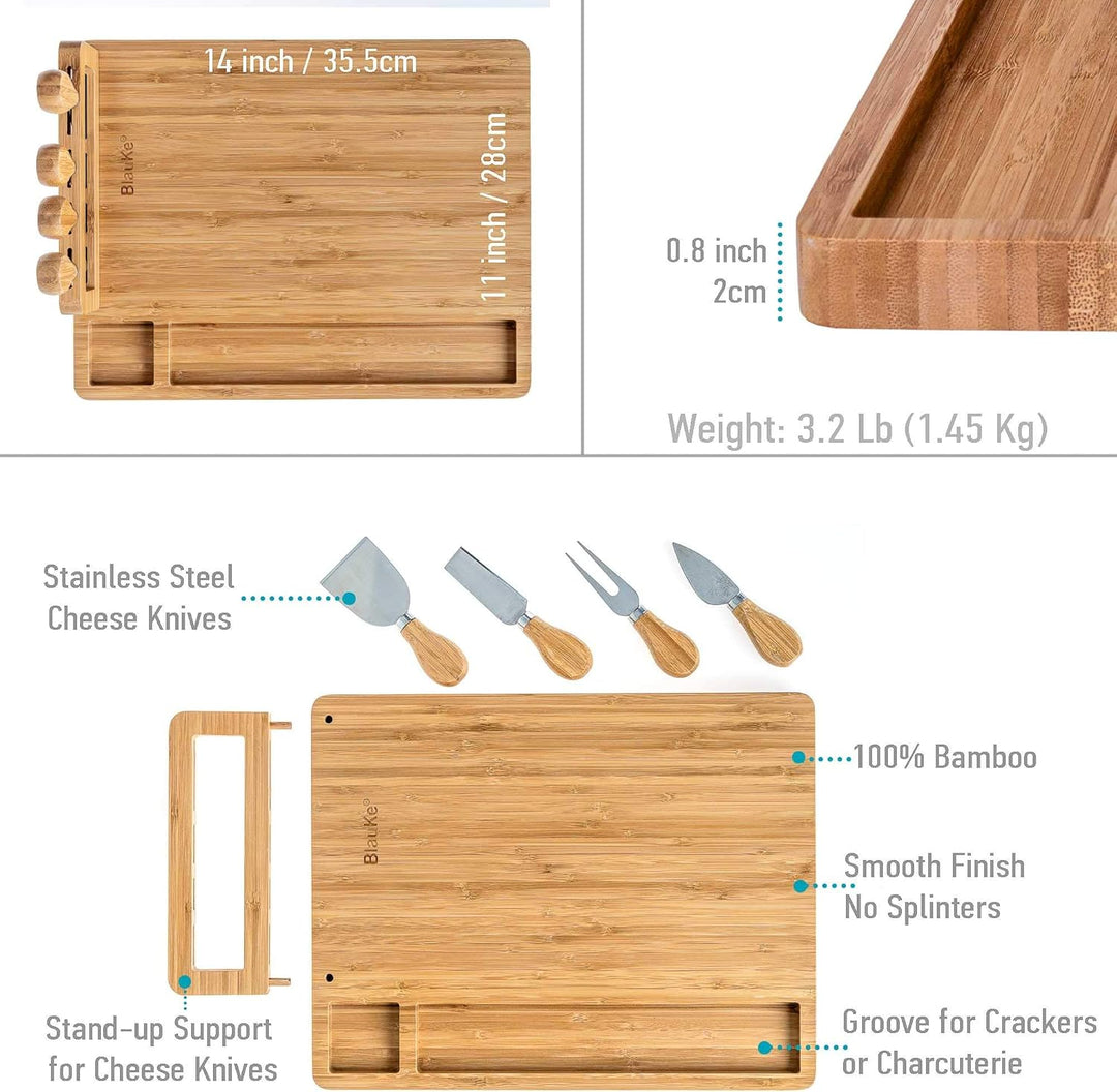 Bambus Käsebrett mit Käsemesser Set 35x28cm – Servierplatte aus Holz für Käse & Häppchen – Servierbr