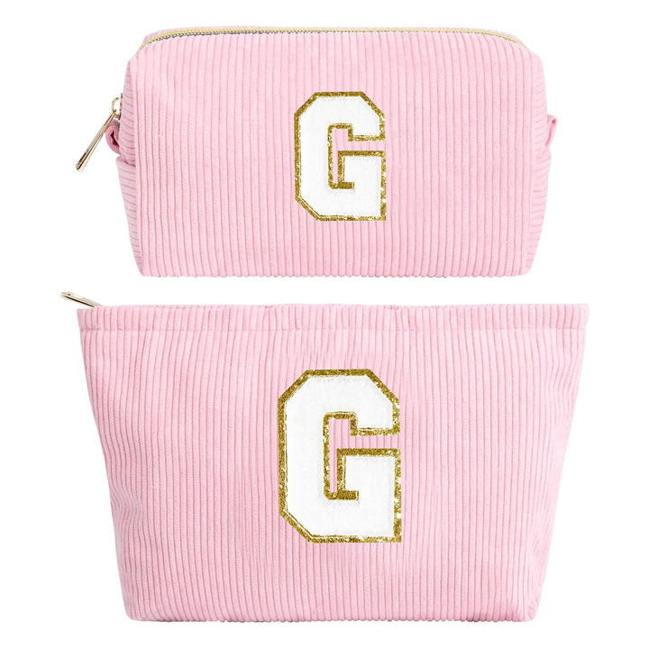 2 Stück Initialen Make-up-Tasche, Cord-Kosmetiktasche Organizer, Reise Kulturbeutel, Schminktasche D