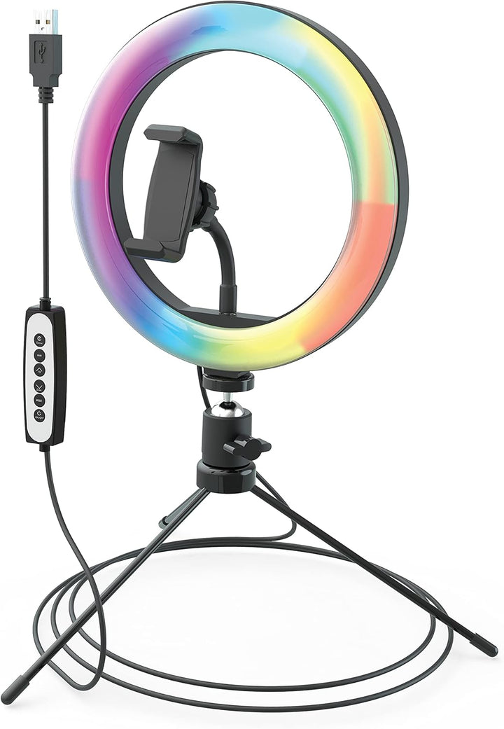 DigiPower 10" RGB Ringlicht mit 3 Beleuchtungsmodi, 15 RGB Farben und 10 Helligkeitsstufen, Smartpho