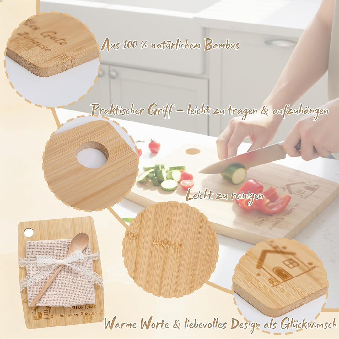 Geschenk zum Einzug – Brotkorb Set mit Holz Schneidebrett, Kochlöffel, Küchentuch & Aufklebern für S