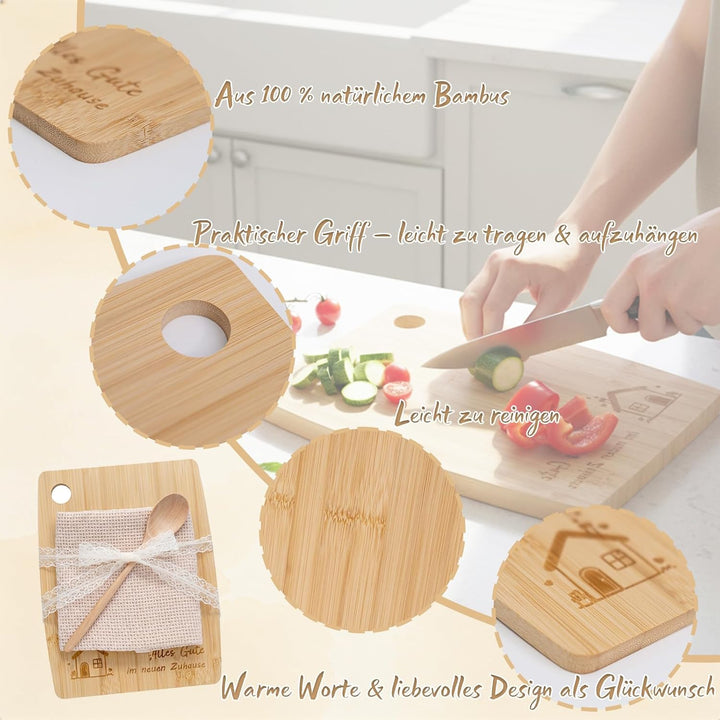 Geschenk zum Einzug – Brotkorb Set mit Holz Schneidebrett, Kochlöffel, Küchentuch & Aufklebern für S