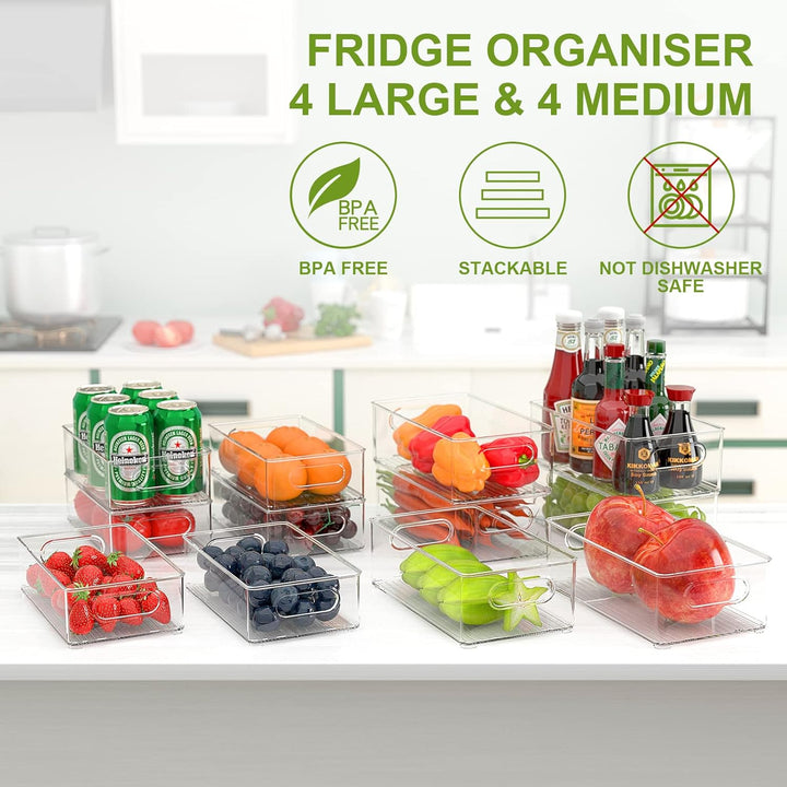 FINEW Kühlschrank Organizer 8er Set (4 Gross/4 Mittel Behälter), Stapelbare Speisekammer Vorratsbehä