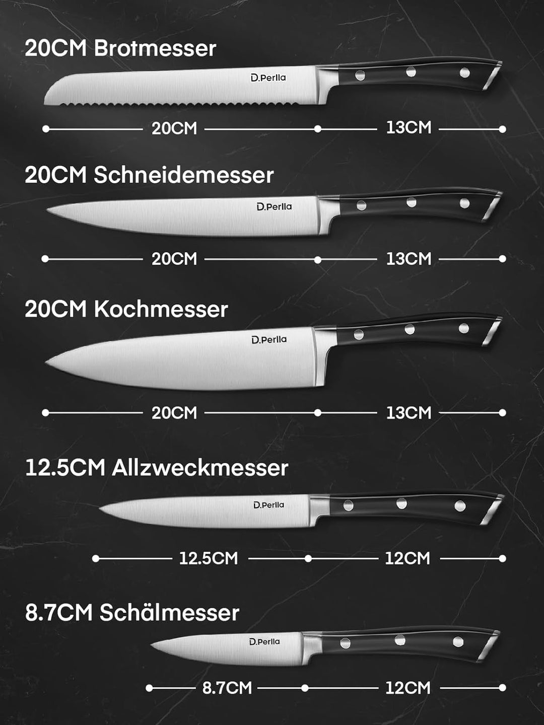 D.Perlla Messerblock Set, 6 teilig Messerset mit Holzblock, Kochmesser Set mit Scharfe Klingen, Edel