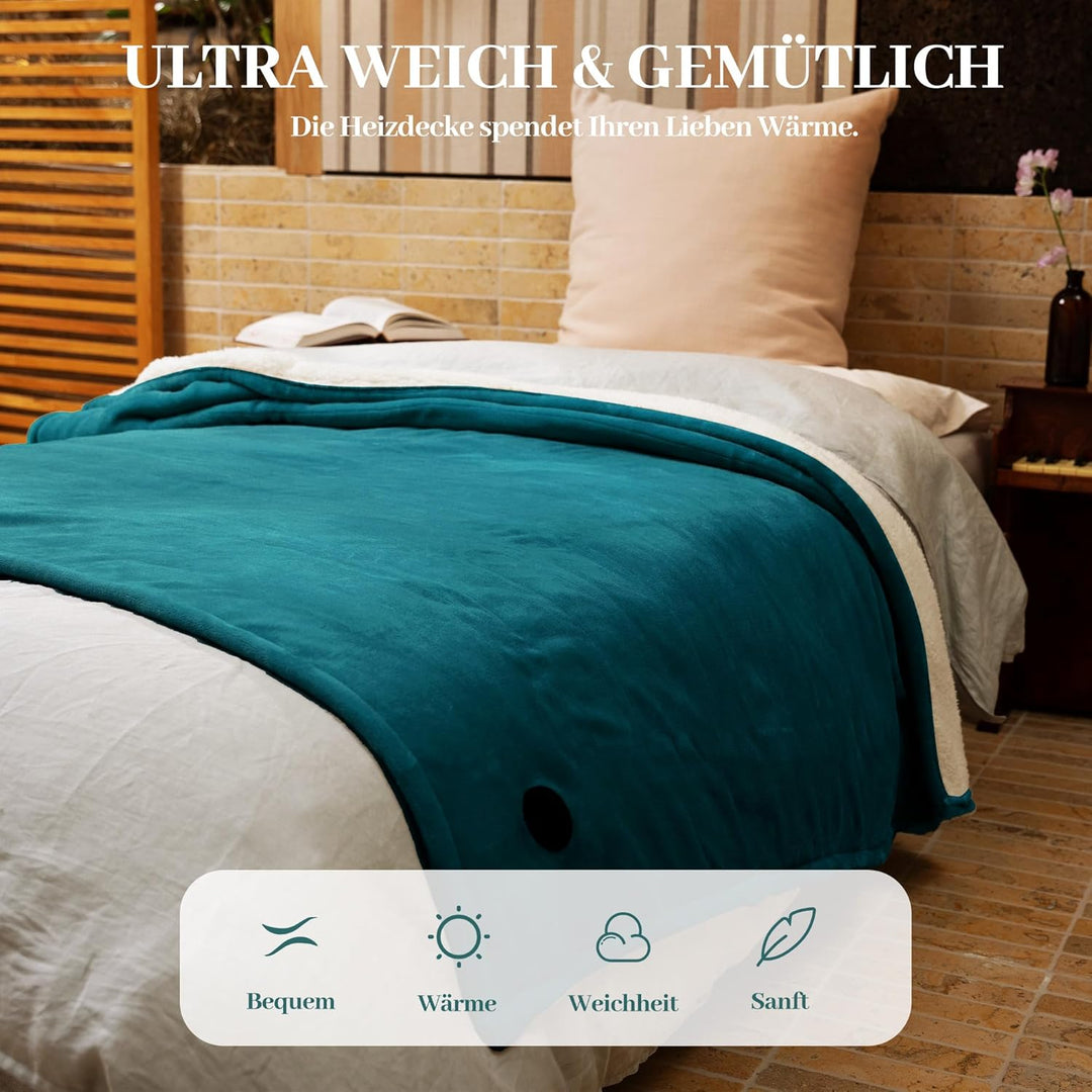 GOTCOZY Wärmedecke Heizdecke 130x180 cm – Ein Knopf Wärmedecke Elektrisch mit 10 Heizstufen & 9-Stun