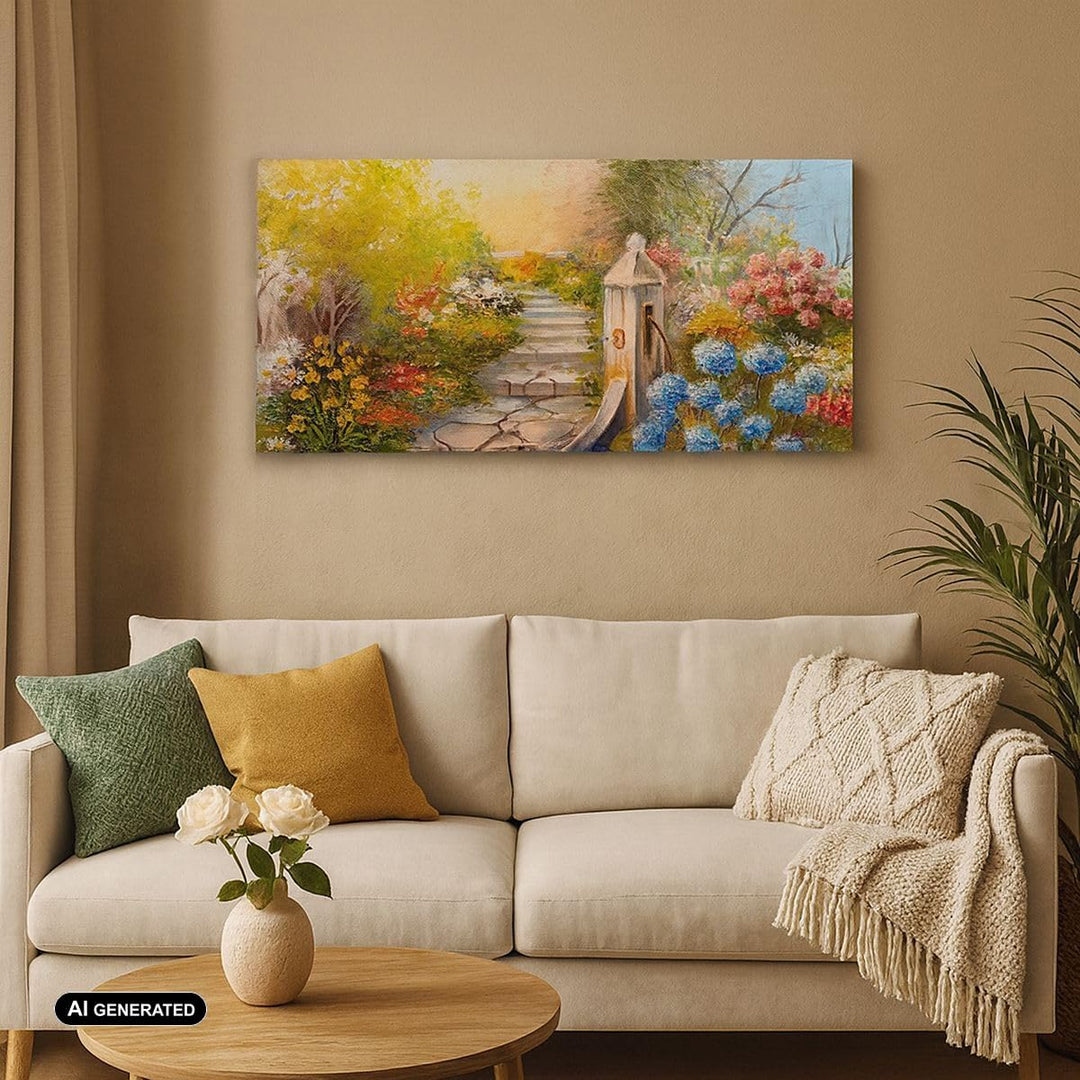 Wandbilder Dekoration Wohnzimmer Garten Blumen Sommer Panorama Bilder auf Leinwand 120x50cm Leinwand
