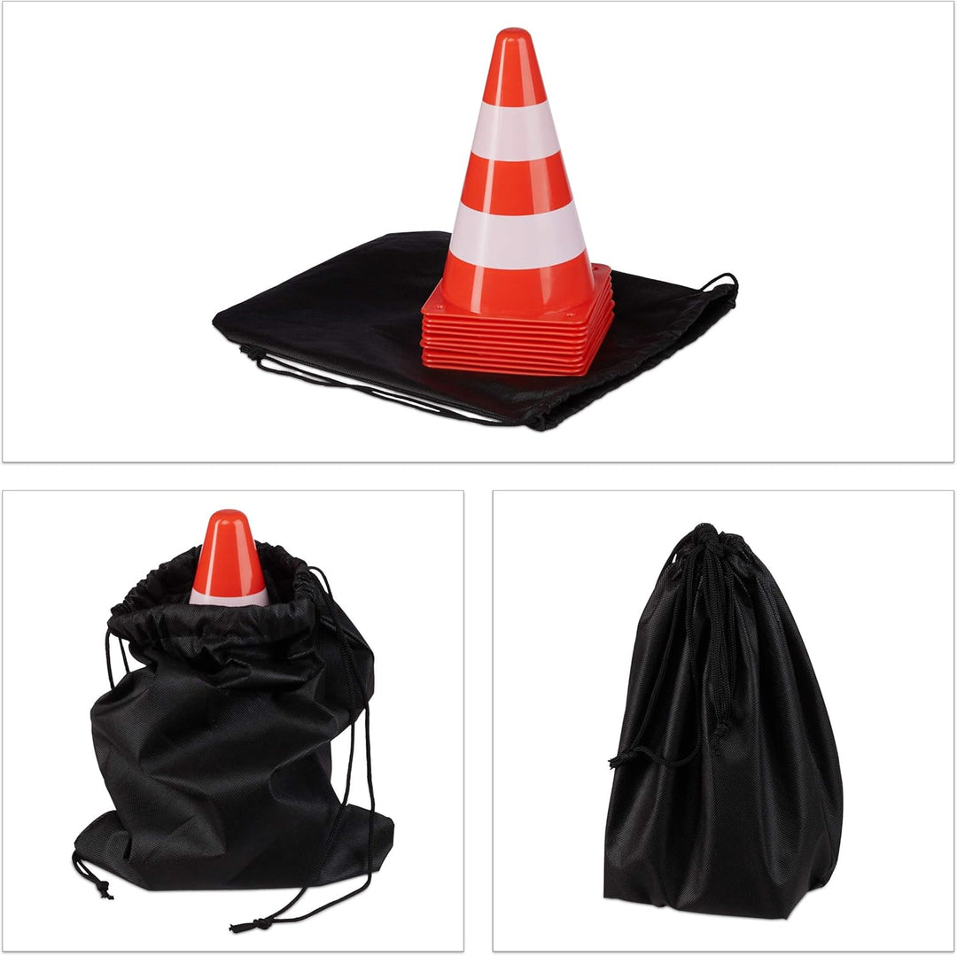 Relaxdays Warnkegel 10er Set, stapelbar, Verkehrshütchen, Schnürbeutel, Markierungshütchen, Pylonen,