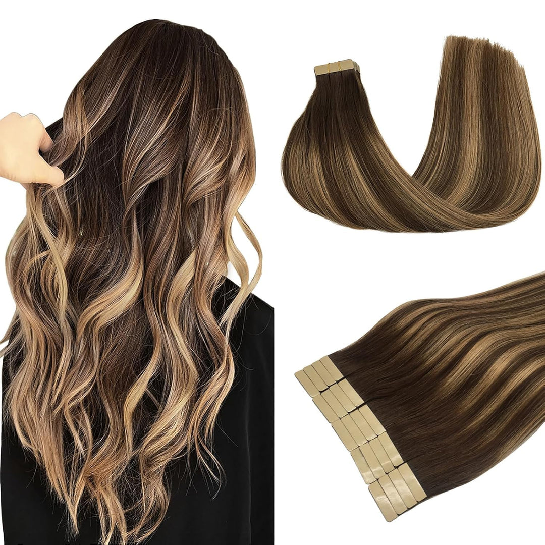 DOORES Remy Menschliches Haar Adhesive Glatt Haar Extension Balayage Schokoladenbraun bis Karamellbl