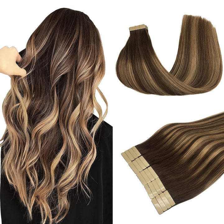 DOORES Remy Menschliches Haar Adhesive Glatt Haar Extension Balayage Schokoladenbraun bis Karamellbl