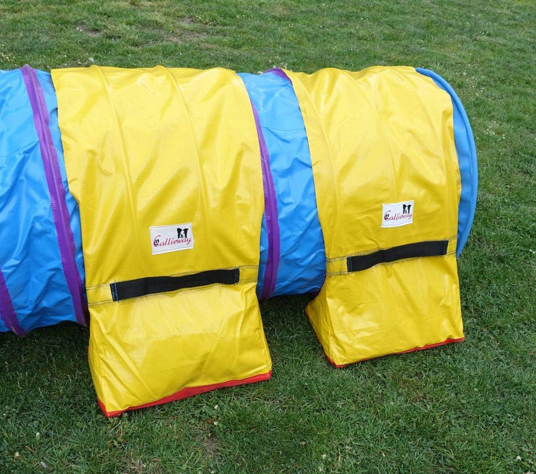Callieway Premium Dog Agility Tunnel Sandsack - (2er Pack) gelb-blau mit Gumminoppen Stoppermatte fü