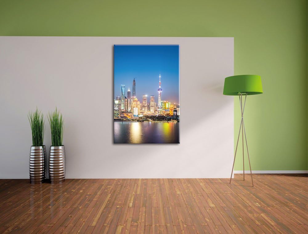 Shanghai Skyline, Format: 100x70 auf Leinwand, XXL riesige Bilder fertig gerahmt mit Keilrahmen, Kun