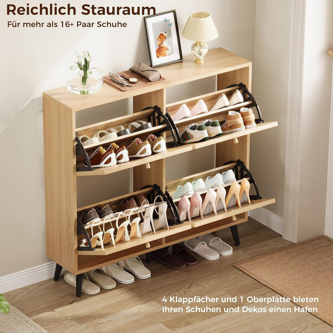 IRONCK Schuhschrank Rattan, schmal Schuhkipper mit 4 Klappen, freistehende Schuhregal, Schuhkommode