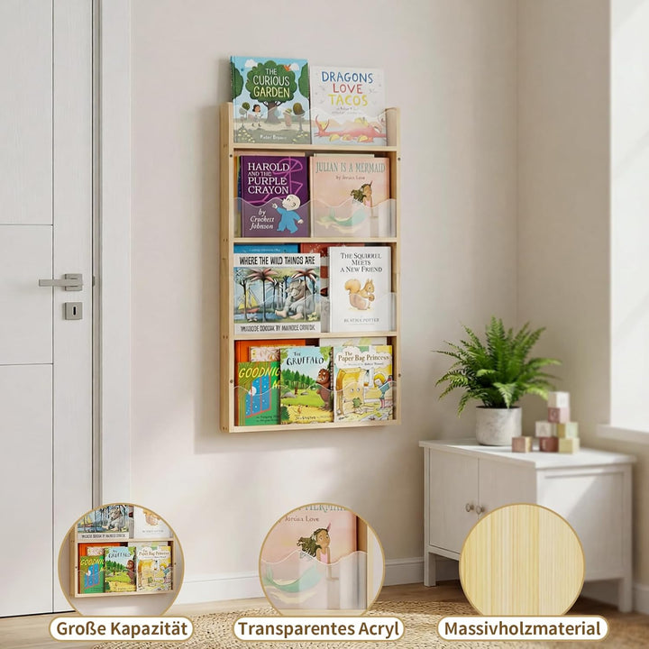 Kinder Bücherregal Wandmontage 4 Ebenen Holz & Acryl-Schwebendes Bücherregal Babyzimmer,Montessori R