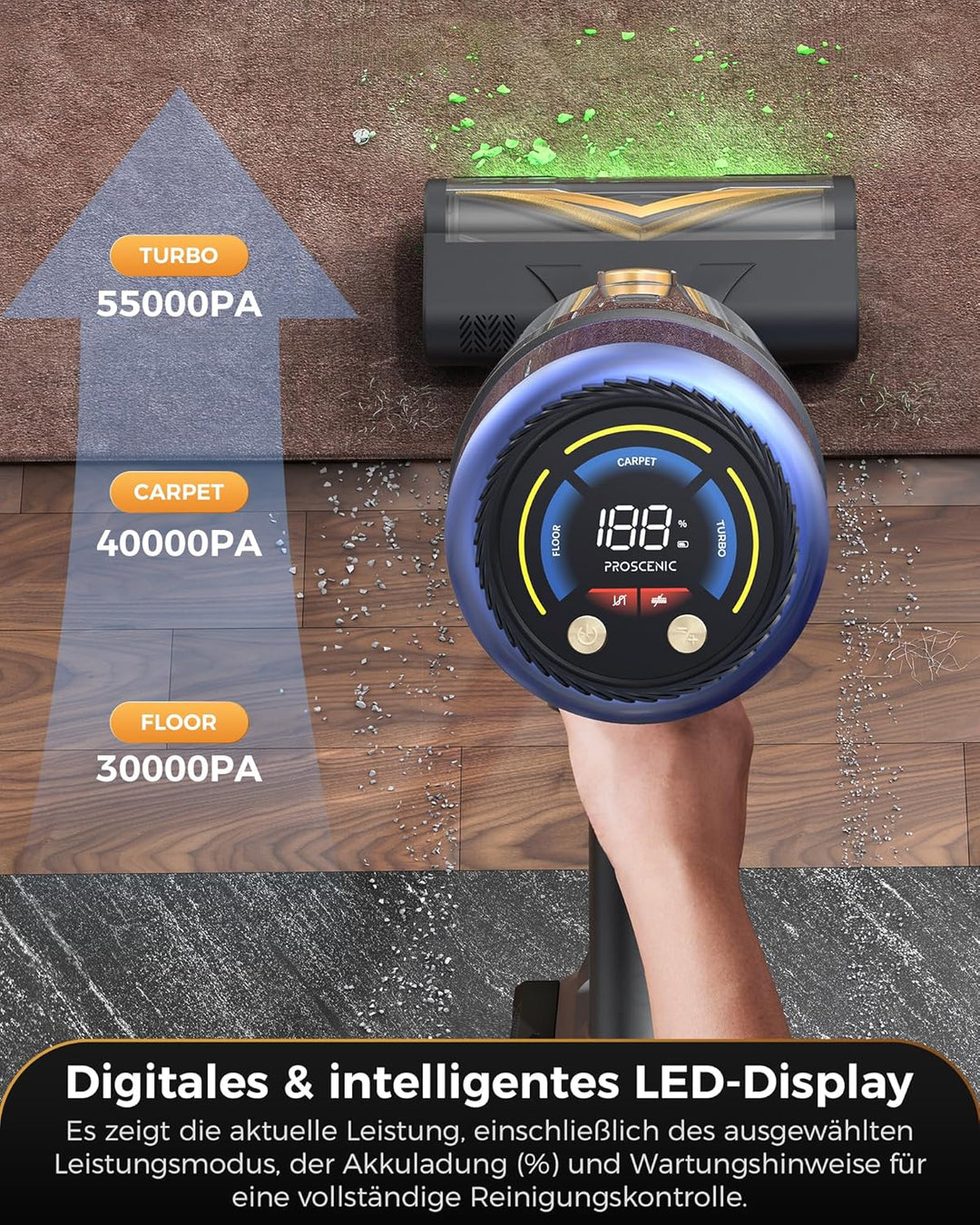 Proscenic P15 Staubsauger Kabellos, 70 Mins 55KPa 600W Akku Staubsauger Selbststehend mit Touchscree