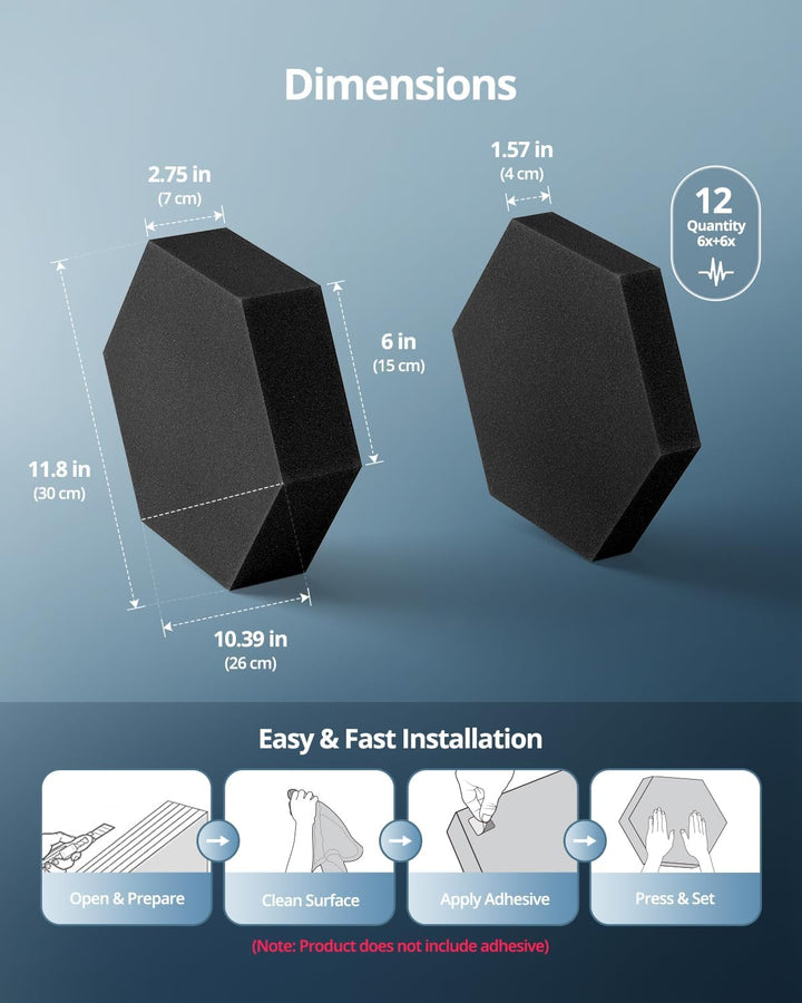 Kuchoow Akustikschaumstoff Schallabsorber Akustikplatten Wand, 12 Stück 3D Hexagon Akustik Schaumsto