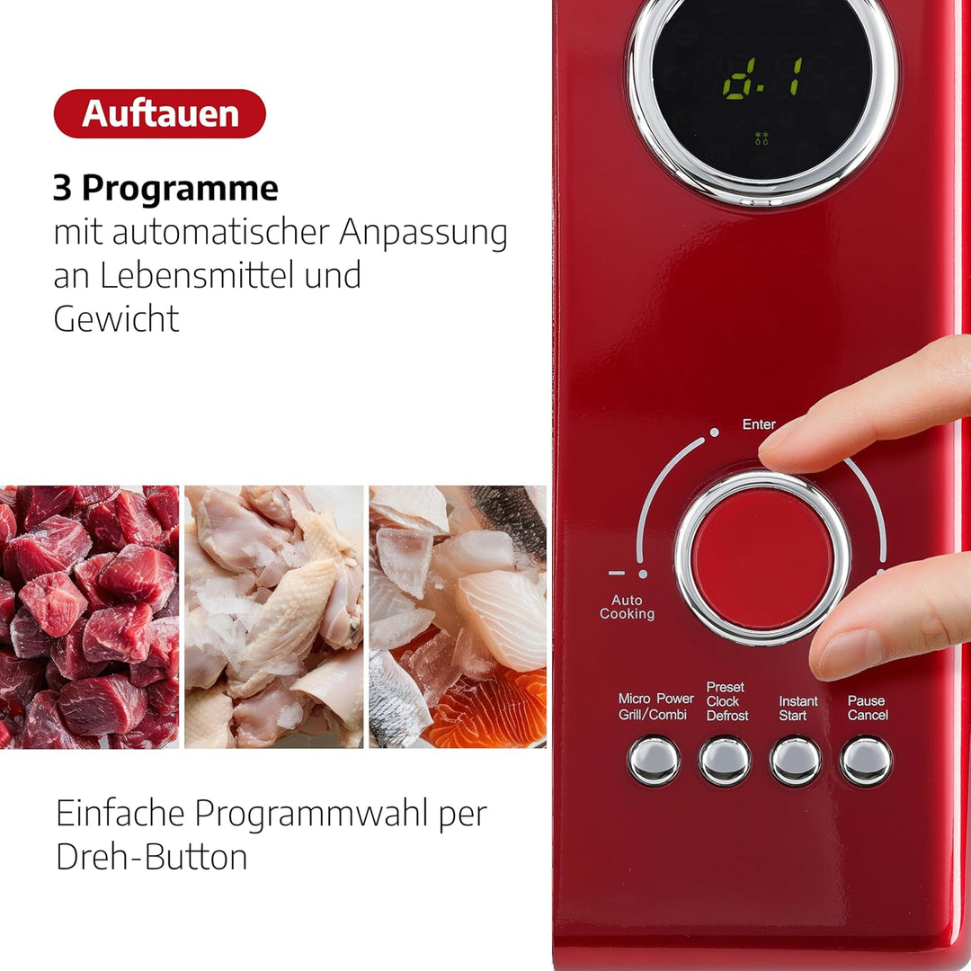 Salco Mikrowelle 2 in 1 – Retro-Style mit Grillfunktion - 23 l Garraum, metallic-rot, 900 W - 12 Fun