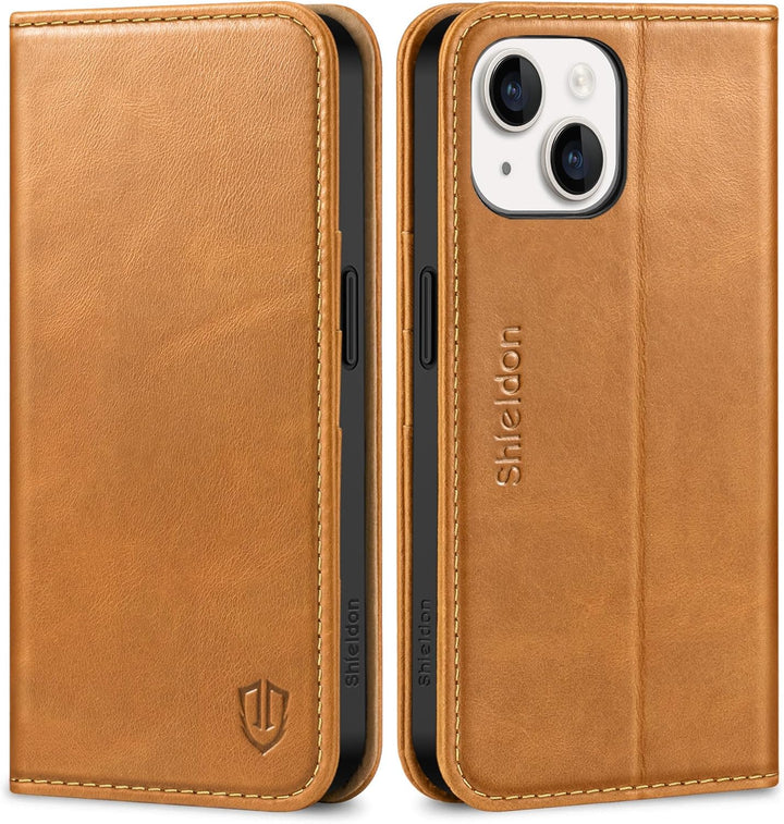 SHIELDON Hülle für iPhone 15, Rindsleder Schutzhülle [Stossfest] [Kartenfach] [Magnetverschluss] [St