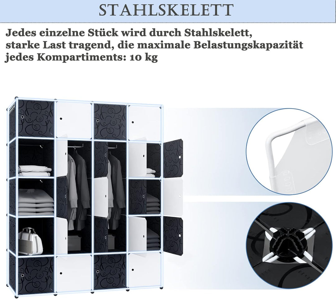 YUENFONG Kleiderschrank Regalsystem aus 20 Würfeln PP Material, Garderobenschrank mit Türen Tragbare