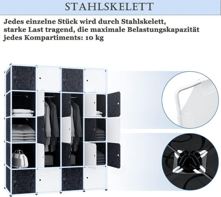 YUENFONG Kleiderschrank Regalsystem aus 20 Würfeln PP Material, Garderobenschrank mit Türen Tragbare