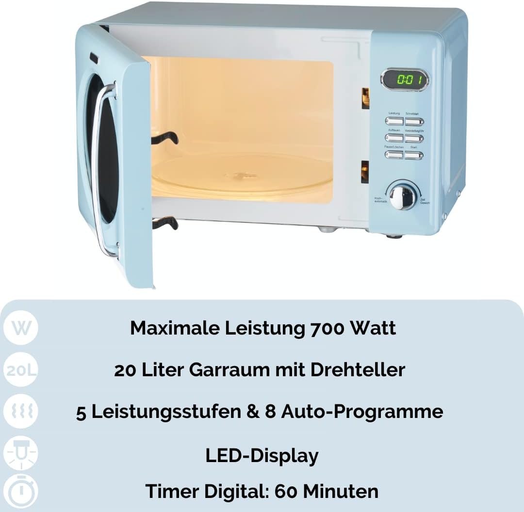 Wolkenstein Retro Stand Mikrowelle WMW720 I 700W Mikrowellenleistung I 20L Garraum I5 Leistungsstufe