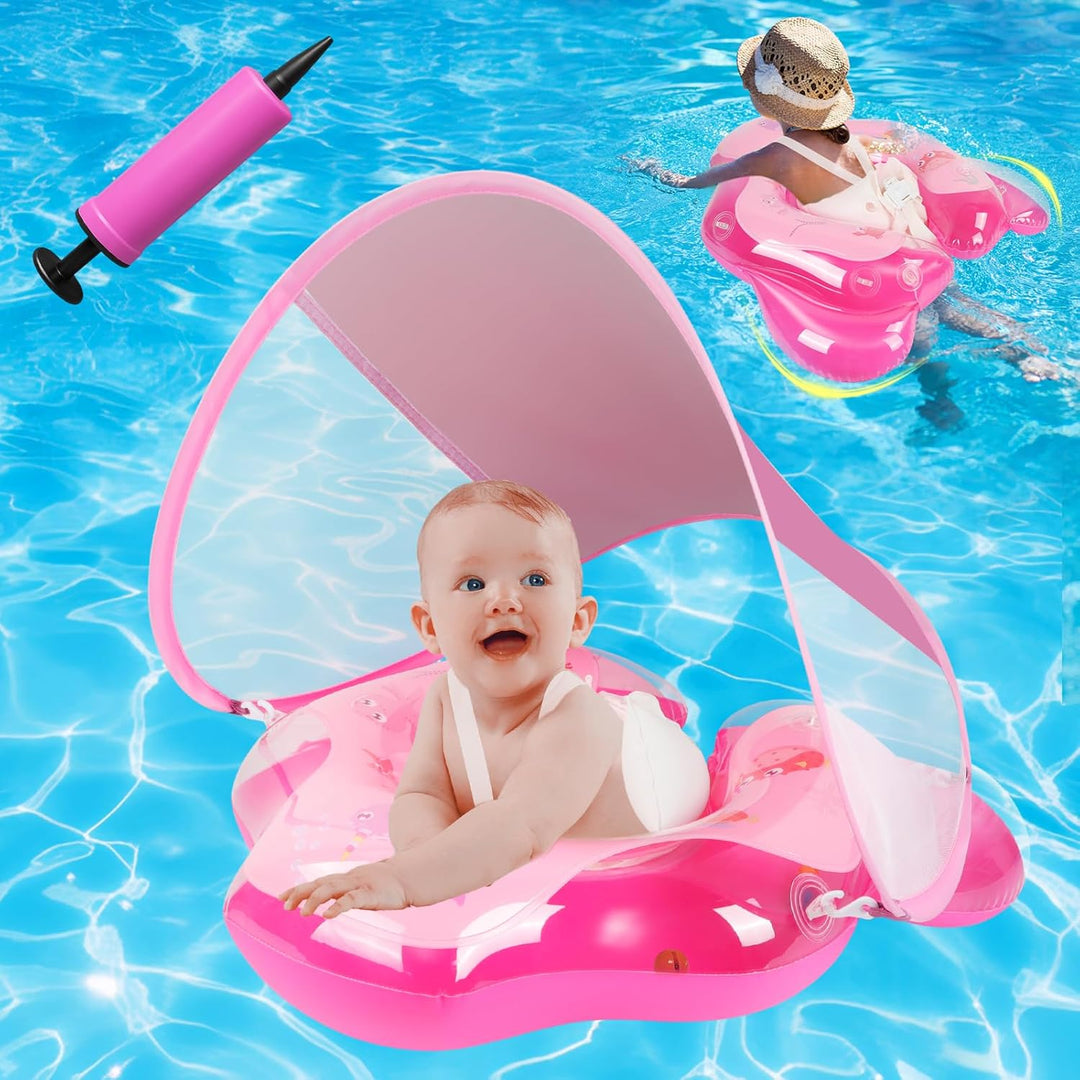 Olycism Baby Schwimmring mit Sonnendach UPF50+ & Spielzeug Spielen Lenkrad Kinderboot Babyschwimmrei