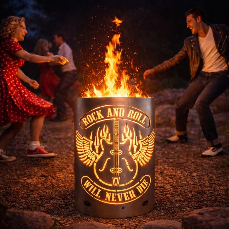 TiKo-Design Feuertonne/Feuerkorb - Lagerfeuertonne mit Motiv Rock and Roll - Will Never die – Verlei