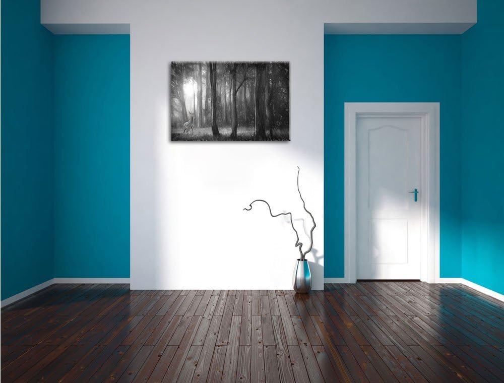 Pixxprint Einsamer Hirsch im tiefen Wald Kunst Kohle Effekt, Format: 100x70 auf Leinwand, XXL riesig