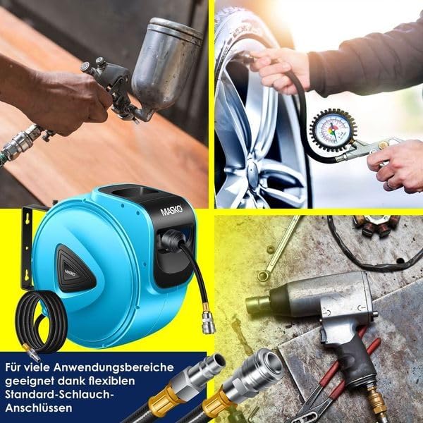 MASKO® 30m Druckluftschlauch Aufroller automatisch 1/4" Anschluss - Schlauchtrommel Wandschlauchhalt